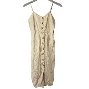 isalis Tan Linen Button Front Midi Dress